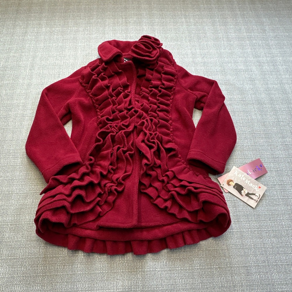 Kate Mack Girls 5 Red Fleece Ruffle Trimmed Rose Coat Kids Holiday Biscotti New